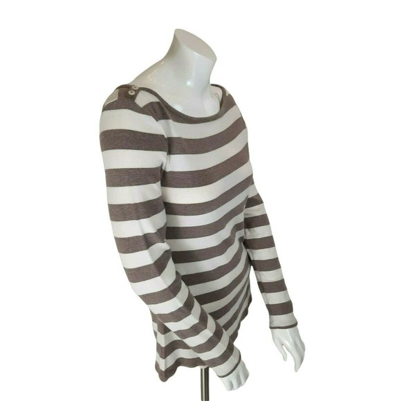 Old Navy Tan & Ivory Long Sleeve Striped Boat Neck Cozy Modal Blend Top - Picture 3 of 6